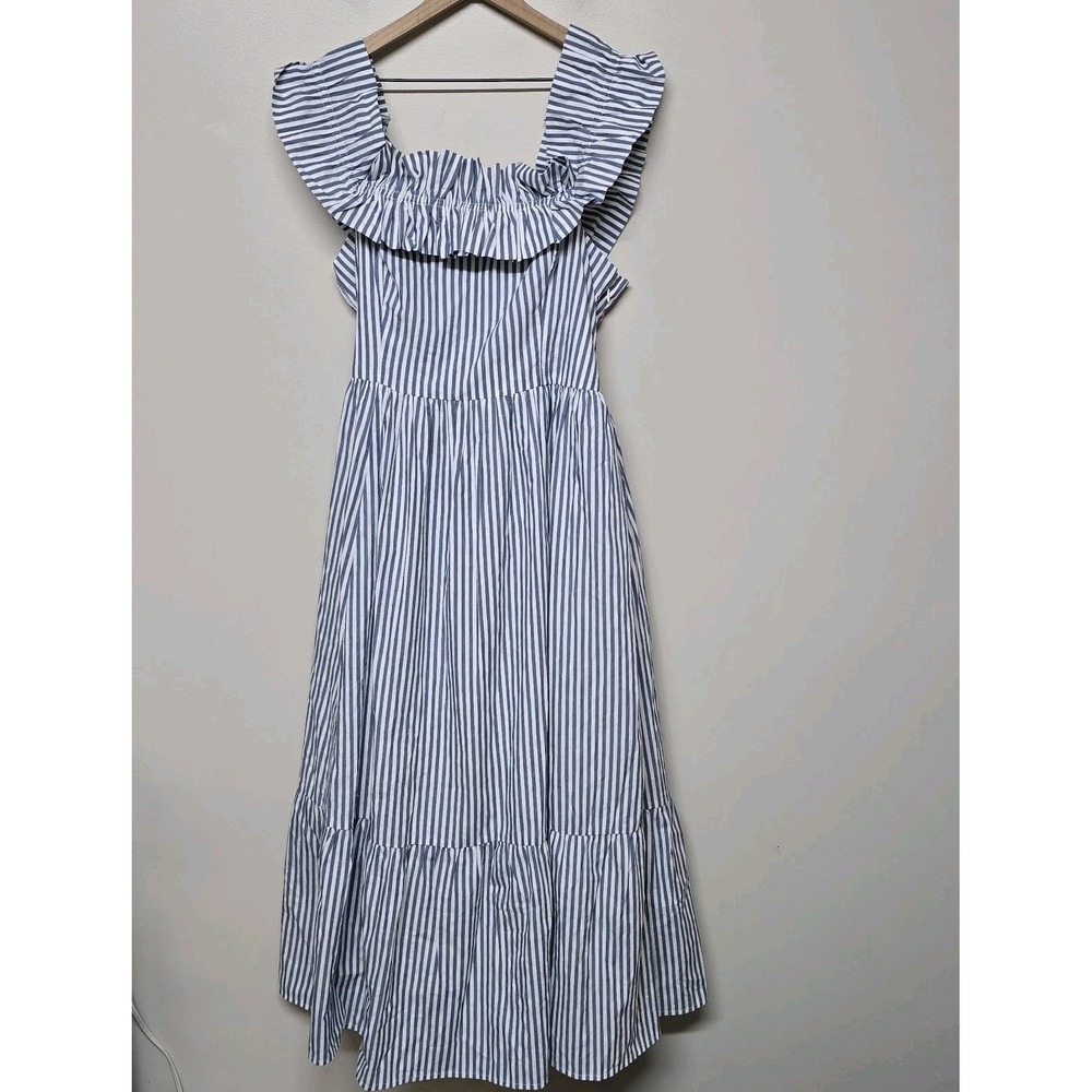 Abercrombie & Fitch Blue White Striped Ruffle Off Shoulder Maxi Dress XL Smocked - Picture 2 of 9